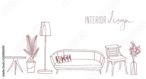 Home interior design elements hand drawn vector illustration. Trendy retro style apartment furnishing sketch drawing isolated on white background. Vintage living room furniture, sofa, chair and lamp.