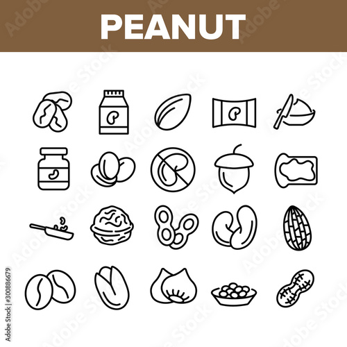 Peanut Food Collection Elements Icons Set Vector Thin Line. Peanut Oil And Butter, Acorn And Hazel, Coffee Beans And Cocoa, Walnut And Nut Concept Linear Pictograms. Monochrome Contour Illustrations