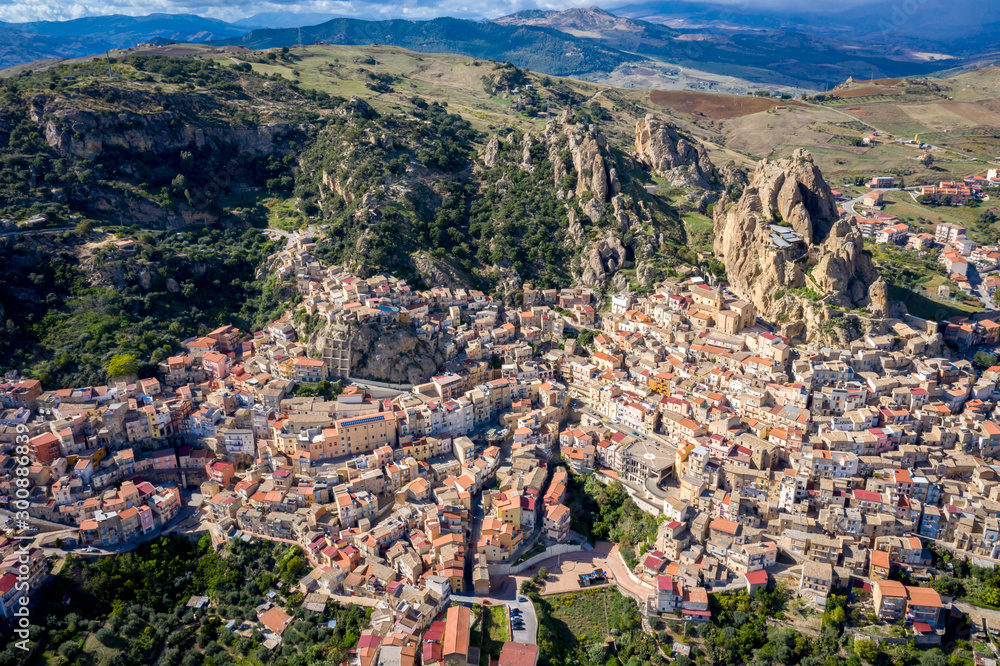 Aerial view of Mountainous Sicilian town Gagliano Castelferrato, Italy