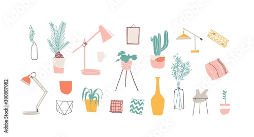 Home decor elements hand drawn illustrations set. Potted houseplants and cacti in stylish vases. Decorative pillows, table lamps and picture frame. Apartment interior isolated items.