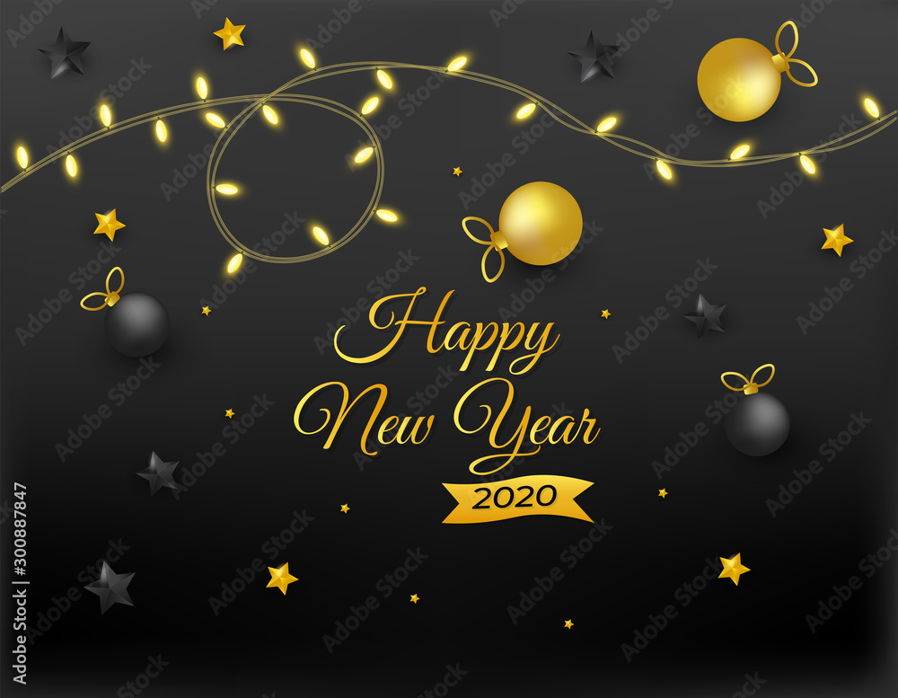 Fototapeta premium New Year 2020 festive background with decorative glittering lamps and stars suitable for poster, invitation card.