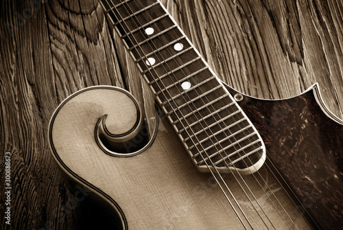 vintage bluegrass mandolin on aged wood photo