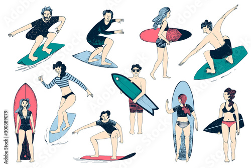Hand drawn surfers set. Men and women surfing