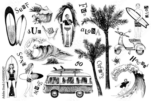 Set of hand drawn surfing icons