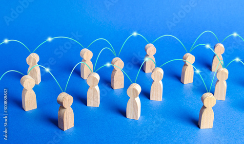 A crowd of people interconnected by communication lines. Cooperation and collaboration, spread news and gossip. Teamwork. unity of society. Marketing, dissemination of trends and information