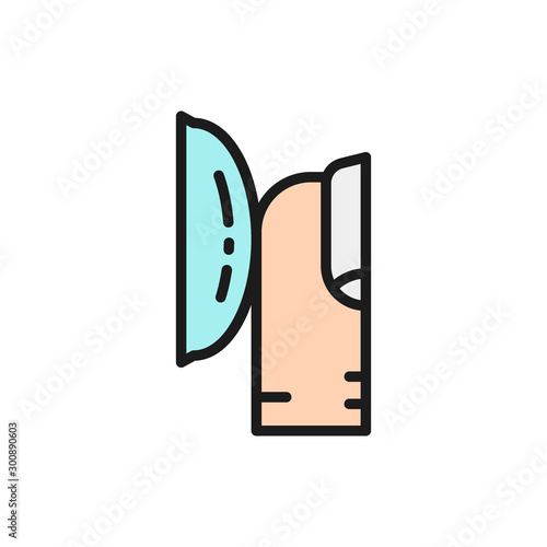 Finger inserts eye contact lenses flat color line icon.