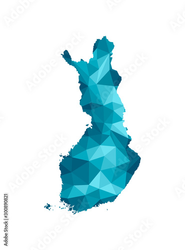 Vector isolated illustration icon with simplified blue silhouette of Finland map. Polygonal geometric style, triangular shapes. White background