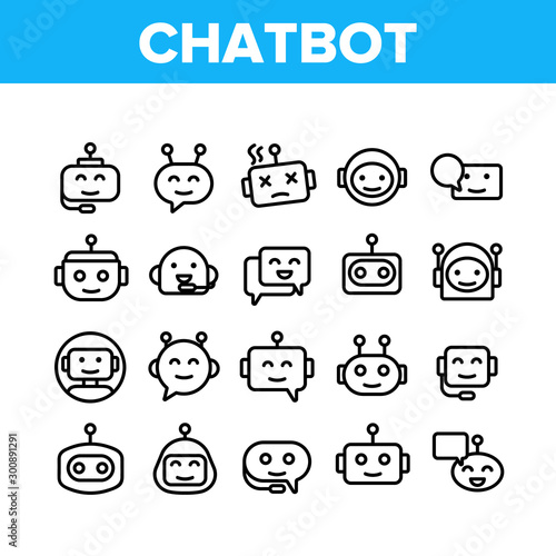 Chatbot Robot Collection Elements Icons Set Vector Thin Line. Artificial Intelligence Chatbot. Communication Message Technology Concept Linear Pictograms. Monochrome Contour Illustrations