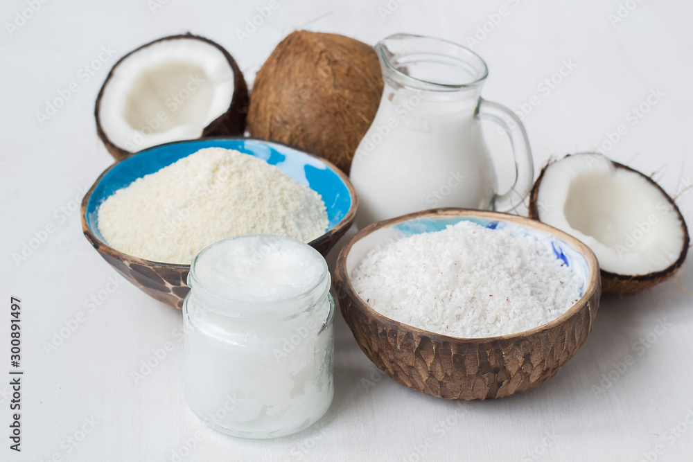 set of coconut products, butter, milk, flour, chips set of coconut products, butter, milk, flour, chips