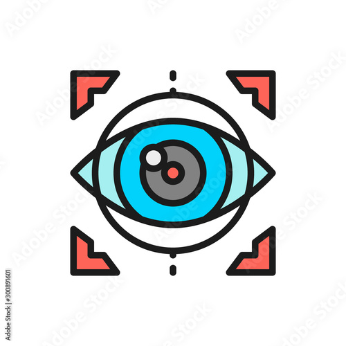 Eye surgery, lens replacement, laser vision correction flat color line icon.