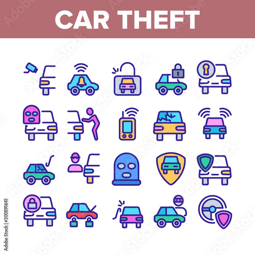 Car Theft Collection Elements Icons Set Vector Thin Line. Man Silhouette In Mask, Car With Broken Glass And Without Wheels, Alarm And Camera Concept Linear Pictograms. Color Contour Illustrations