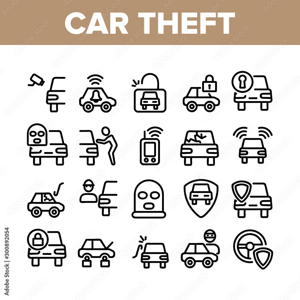 Car Theft Collection Elements Icons Set Vector Thin Line. Man Silhouette In Mask, Car With Broken Glass And Without Wheels, Alarm And Camera Concept Linear Pictograms. Monochrome Contour Illustrations