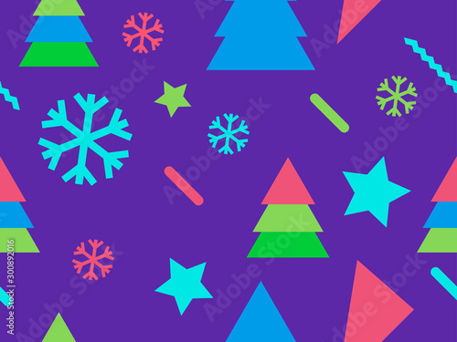 Wallpaper Mural Christmas seamless pattern in memphis style of 80s. Snowflakes and fir-trees. Promotional products, wrapping paper and printing. Vector illustration Torontodigital.ca