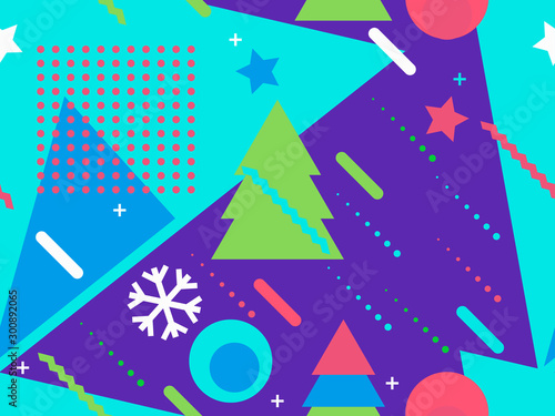 Christmas seamless pattern in memphis style of 80s. Snowflakes and fir-trees. Promotional products, wrapping paper and printing. Vector illustration