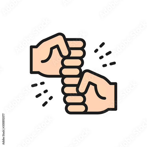 Friendly gestures, joyous punches flat color line icon.