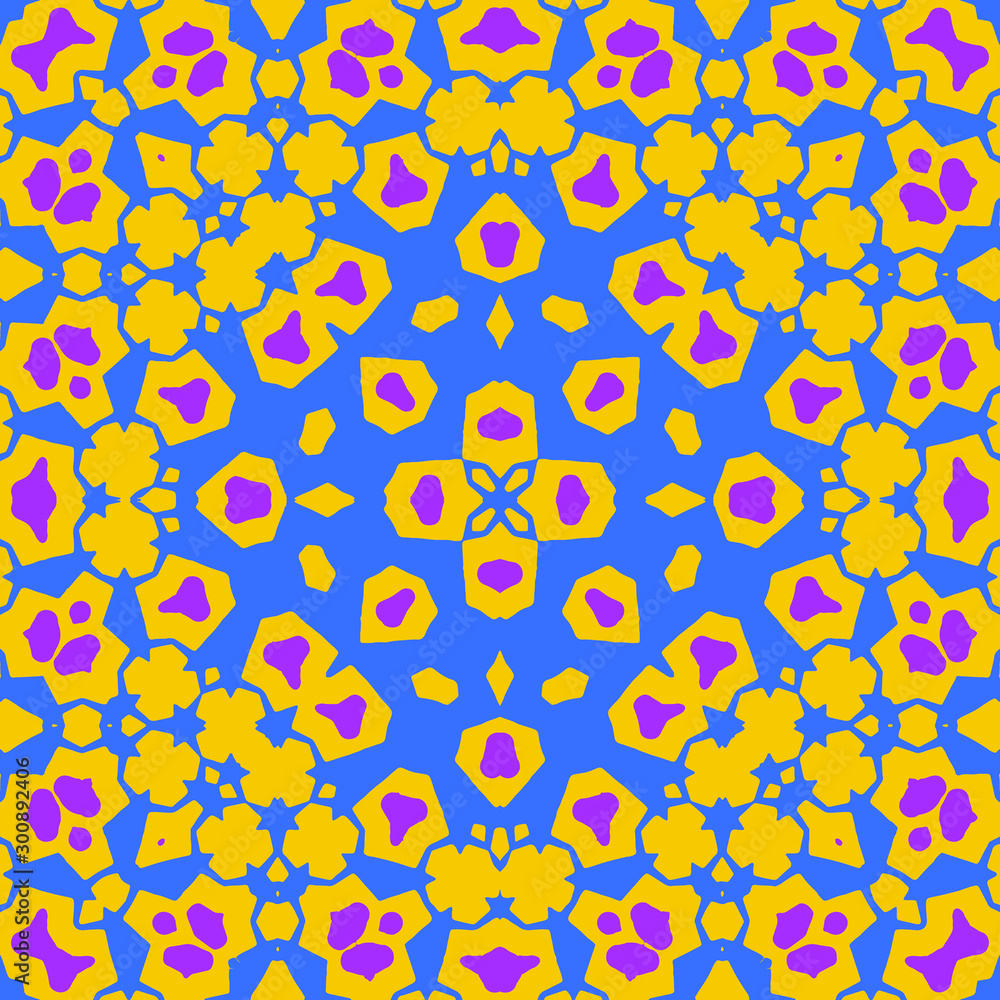 Decorative ornaments seamless pattern. Colorful ornamental vivid background. Pink, yellow, shapes and blue background. For wall tile, floor, kitchen, bathroom, etc.