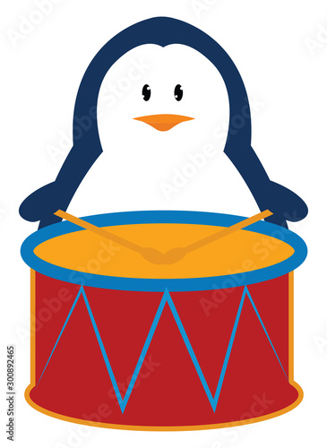 Penguin with drums, illustration, vector on white background.