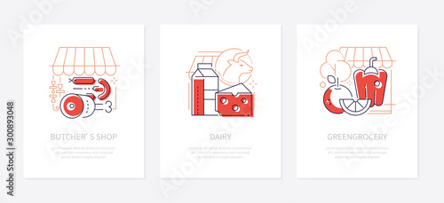 Food shops and market - line design style banners