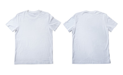 T-shirt design fashion concept, closeup of man and boy in blank white t-shirt, shirt front end rear isolated. Mock up.