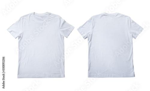 T-shirt design fashion concept, closeup of man and boy in blank white t-shirt, shirt front end rear isolated. Mock up.