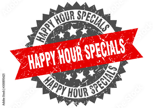 happy hour specials grunge stamp with red band. happy hour specials