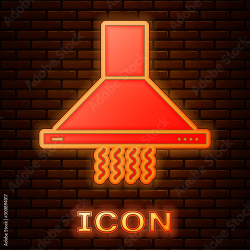 Glowing neon Kitchen extractor fan icon isolated on brick wall background. Cooker hood. Kitchen exhaust. Household appliance. Vector Illustration