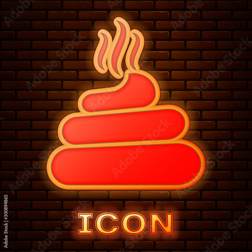 Glowing neon Shit icon isolated on brick wall background. Vector Illustration