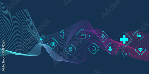 Abstract health care banner template with flat icons. Healthcare medicine concept. Medical innovation technology pharmacy banner. Vector illustration