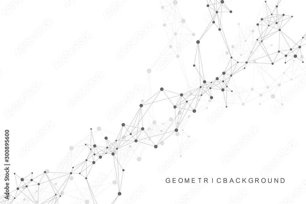 Geometric abstract background with connected line and dots. Network and connection background for your presentation. Graphic polygonal background. Wave flow. Scientific vector illustration. Geometric abstract background with connected line and dots. Network and connection background for your presentation. Graphic polygonal background. Wave flow. Scientific vector illustration.