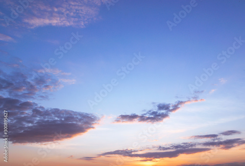 Blue sky sunset with soft white cloudy atmosphere is clear and clean.