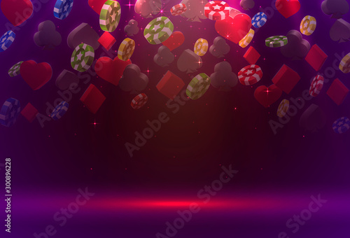 Poker chips and cards casino banner. Isolated on gold background.