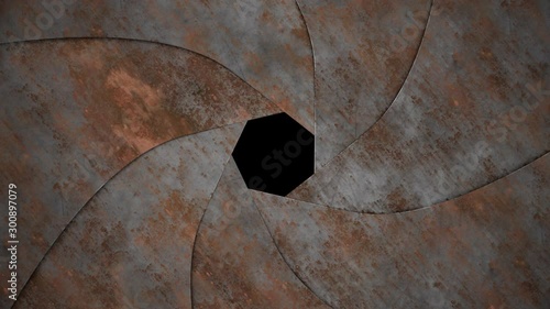 Rusty metal aperture transition. Animation of closing and opening lens aperture. photo