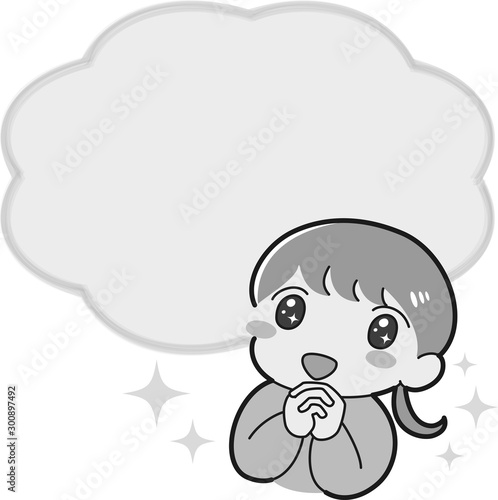 ときめく　女の子　吹き出し付き　感動　感激　キラキラ　笑顔　白黒