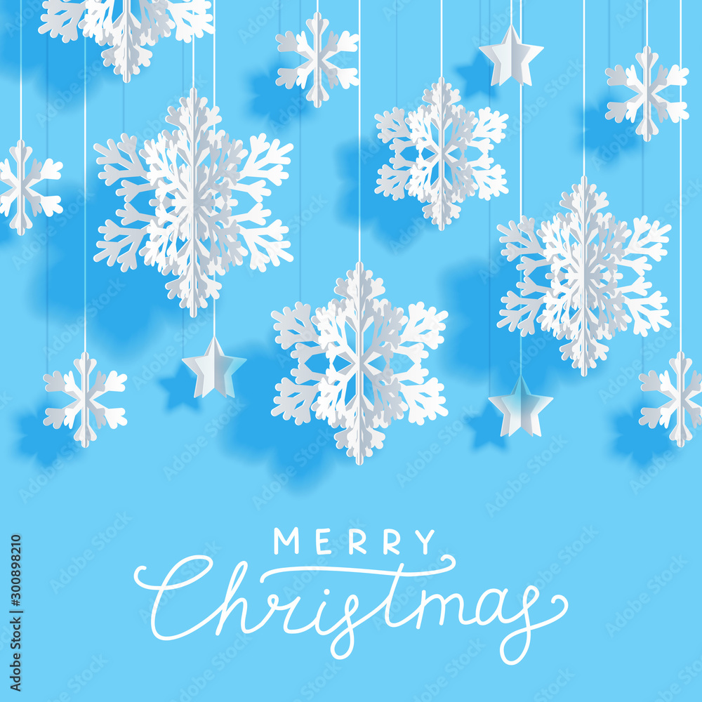 Christmas greeting card with paper snowflakes and stars on blue background for Your holiday design