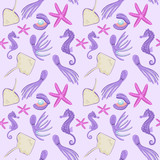 Sea animal seamless pattern seahorse, octopus, starfish, stingrays and shell with pearl. Vector illustration