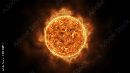 Sun star surface with solar flares, burning of sun animation 3D rendering
