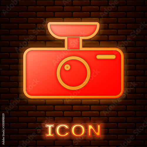 Glowing neon Car DVR icon isolated on brick wall background. Car digital video recorder icon. Vector Illustration