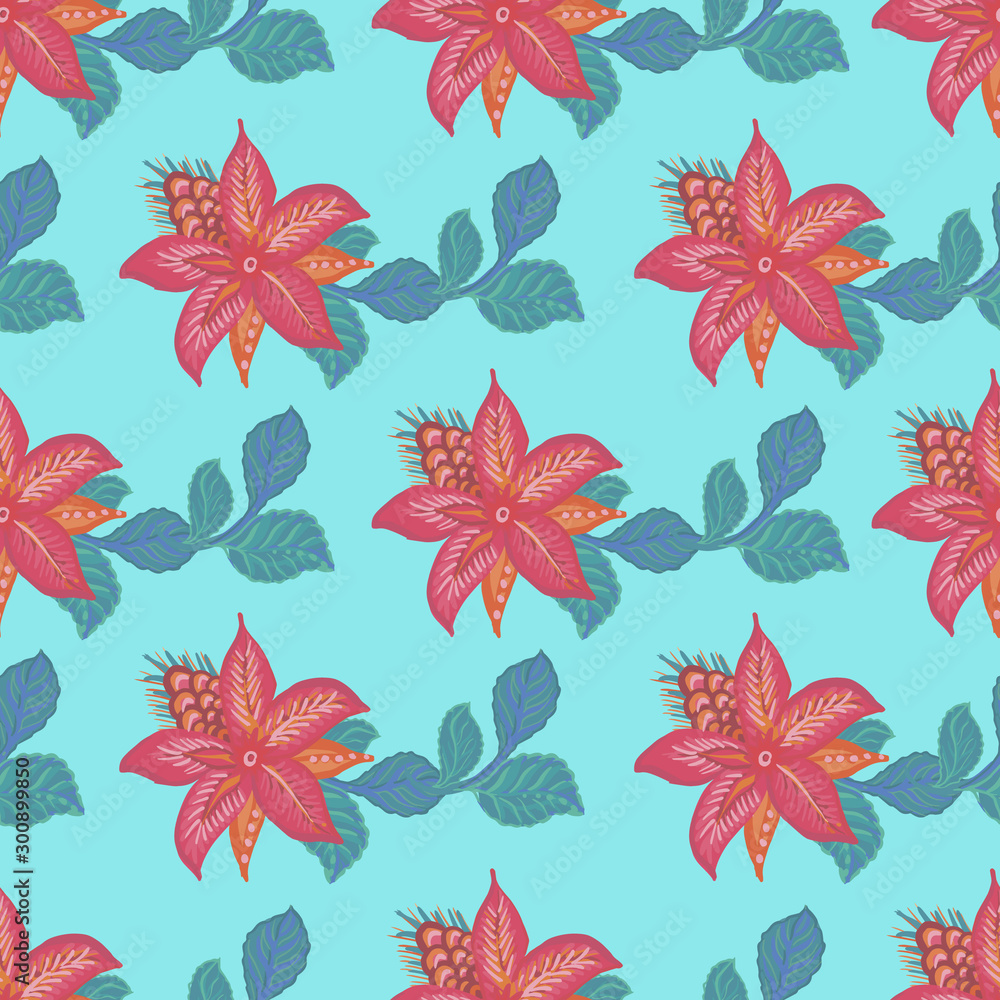 Fantasy multicolored vector seamless pattern with motif tropical flowers. Chintz stylized floral repeat background, Oriental folk design for wallpaper, textile, blanket, clothing, wrapper, prints.