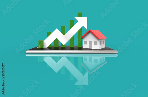 Growth real estate concept. Business graph and house on mobile phone. 3D Illustration.