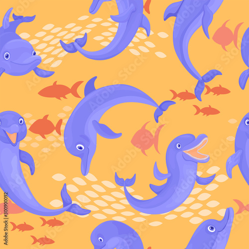 Sea pattern with fishes and dolphins. Vector seamless pattern for print design.