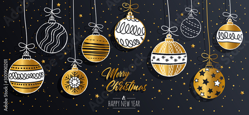 Merry Christmas greeting card set with golden text elements and modern hand drawn baubles. Vector illustration.