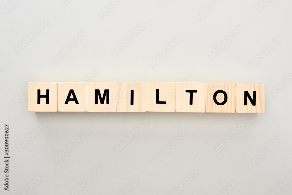 top view of wooden blocks with Hamilton lettering on grey background top view of wooden blocks with Hamilton lettering on grey background