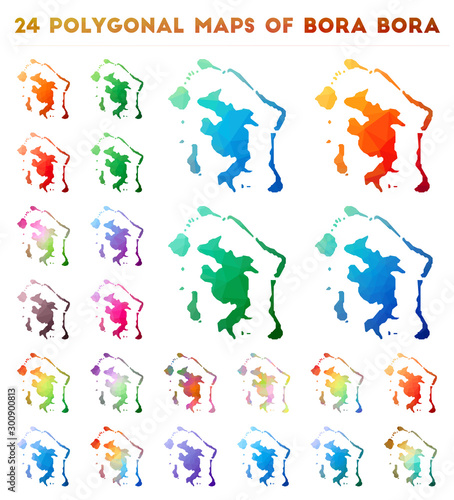 Set of vector polygonal maps of Bora Bora. Bright gradient map of island in low poly style. Multicolored Bora Bora map in geometric style for your infographics.