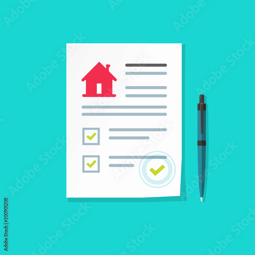 Home insurance or legal agreement document vector, flat cartoon house contract or mortgage form with financial checklist, approved loan or success real estate deal paper page isolated clipart