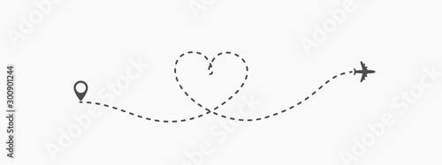 Love travel route icon in transparent style. Airplane line path vector illustration on isolated background. Dash line trace business concept.