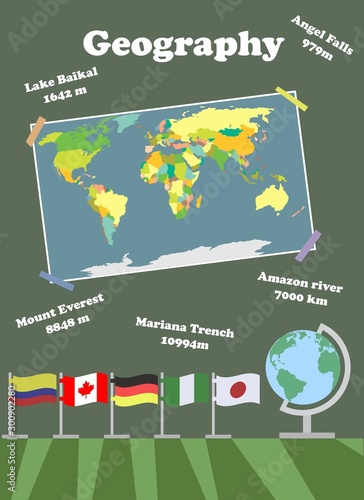 Poster to illustrate a geography lesson with map and globe.