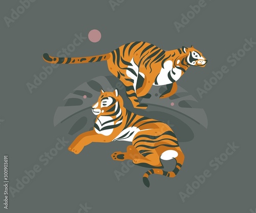 Hand drawn vector abstract cartoon modern graphic African Safari collage illustrations art with tigers