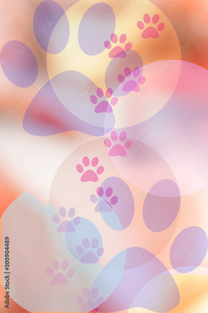 Fototapeta premium Abstract background with soft pastel colors and paw print elements. Glowing backdrop, space for text