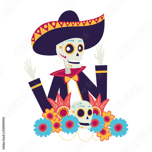 mariachi skull with floral decoration comic character