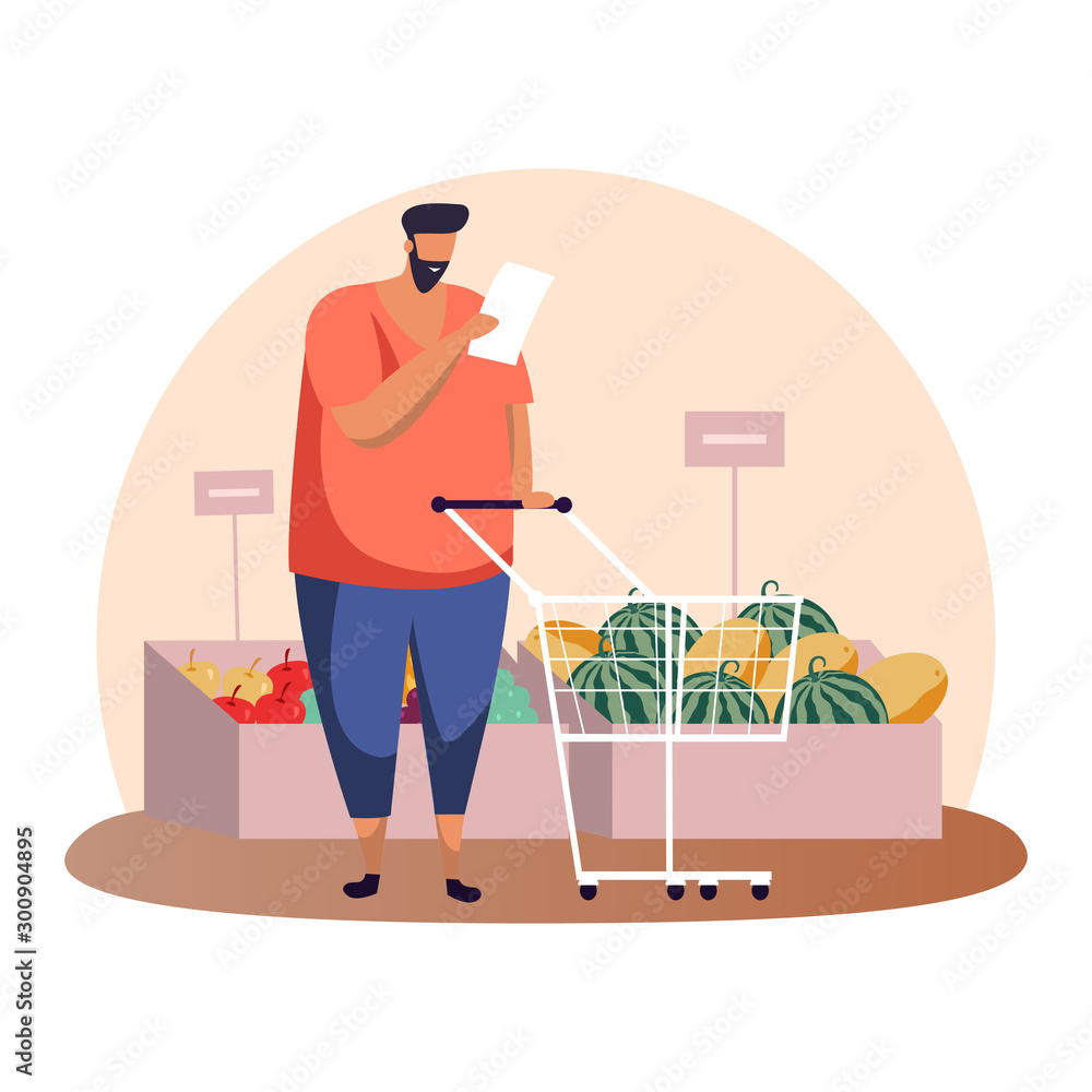 Cartoon man with shopping list and cart or trolley Cartoon man with shopping list and cart or trolley